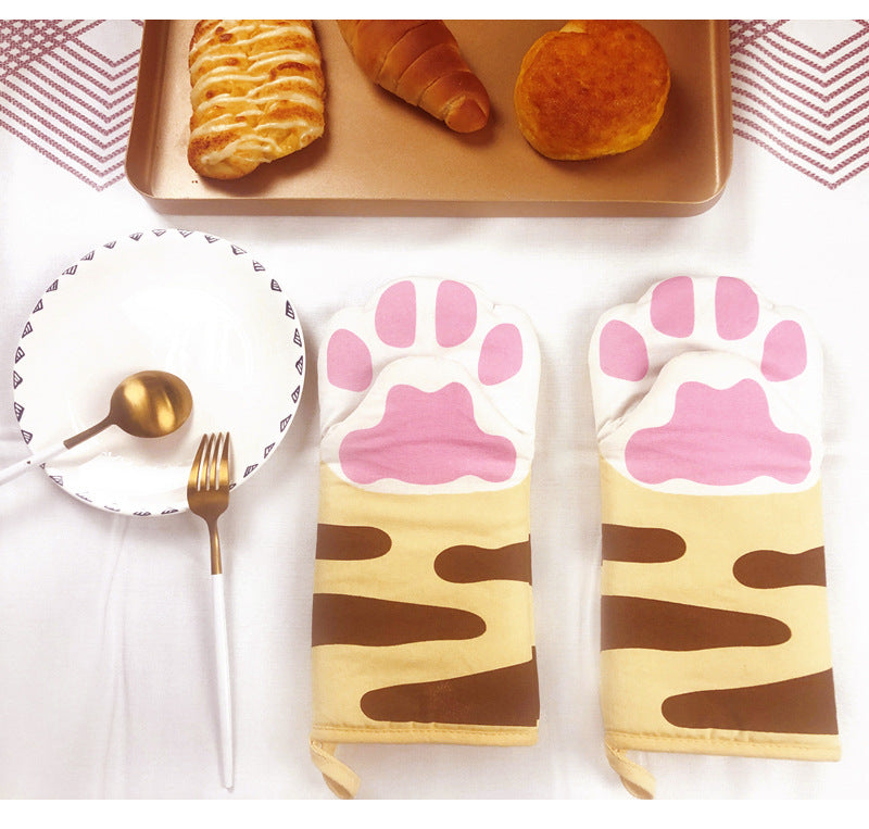 Pure Cotton Cute Cat Oven Gloves Cat Claw Insulation Gloves Baking Insulation Microwave Oven Heat Resistant Gloves